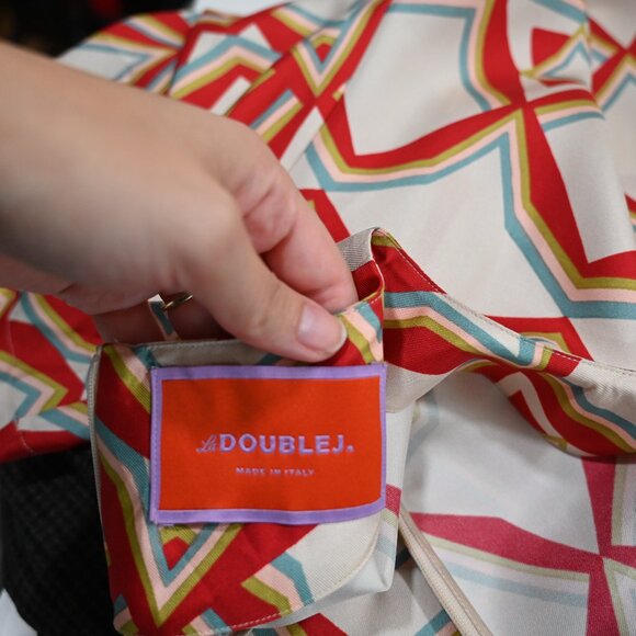 La DoubleJ Large Silk Mini 100% Silk Swing Dress in Red Abstract Geometric Print - Picture 8 of 11